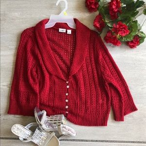 Red short waisted dressy sweater